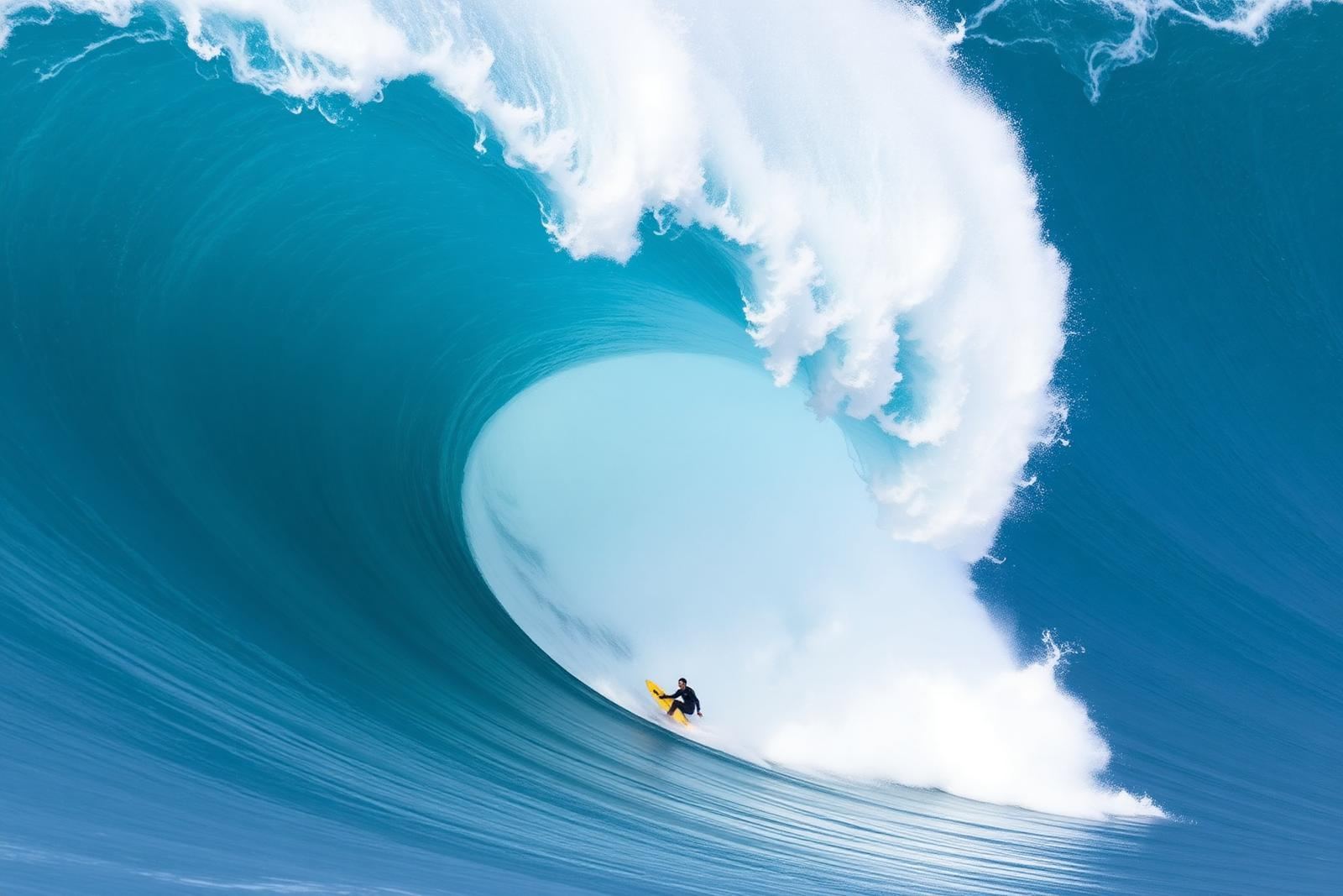 Lone surfer at the bottom of a huge breaking wave