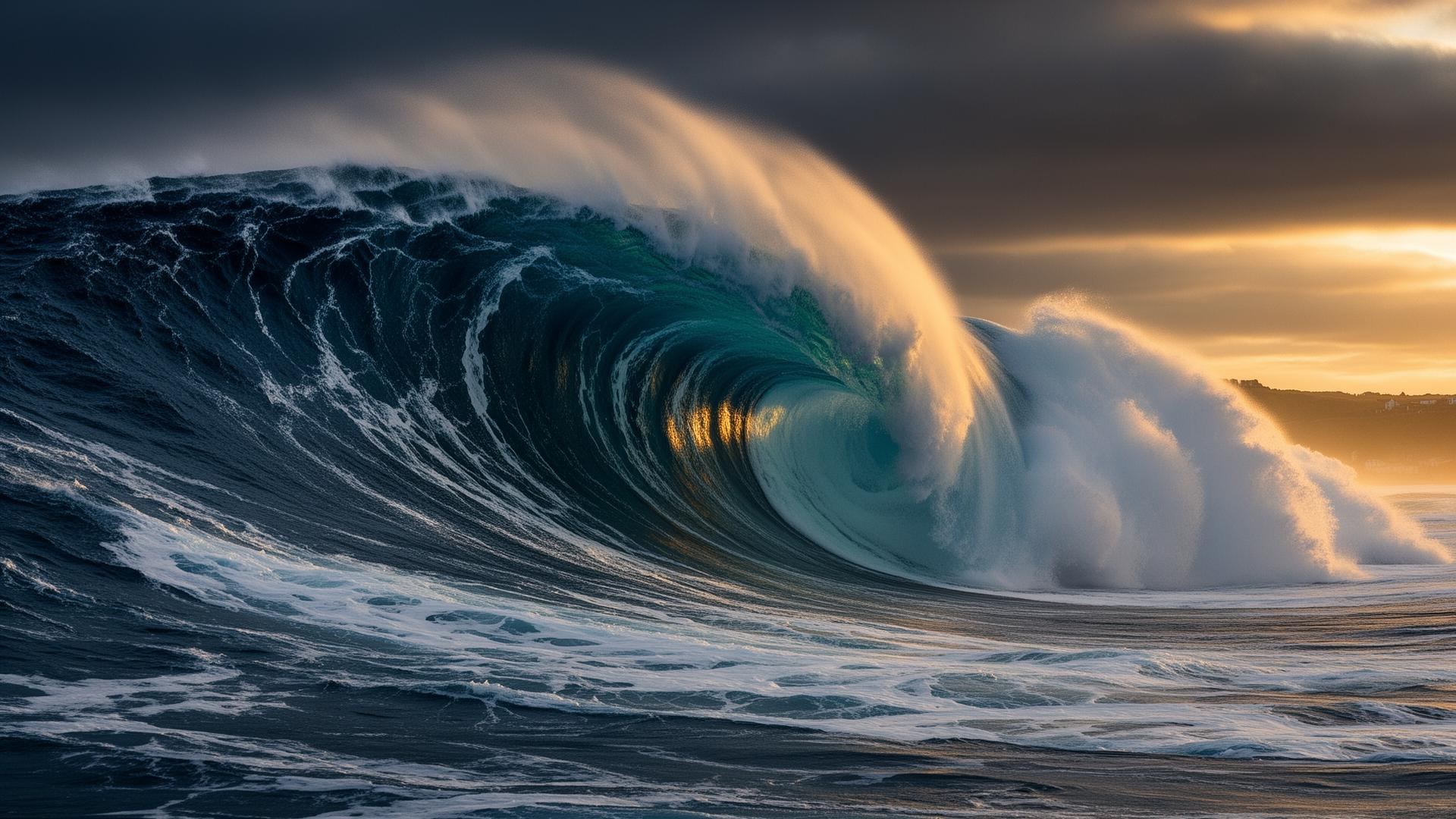 Massive wave breaking at Praia do Norte, Nazaré, at sunset