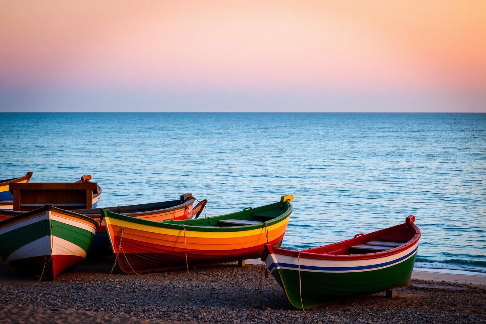 Wide sandy town beach with colourful fishing boats and cliffs behind